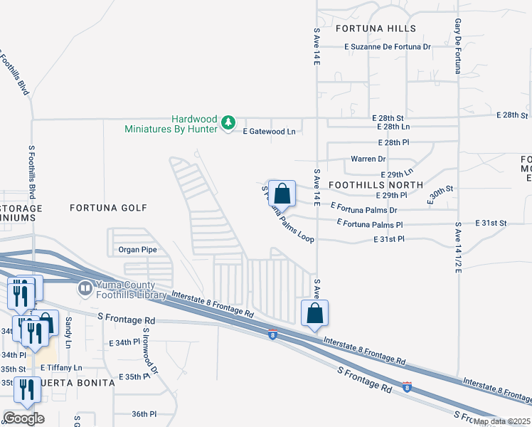 map of restaurants, bars, coffee shops, grocery stores, and more near 10680-10756 South Fortuna Palms Loop in Yuma