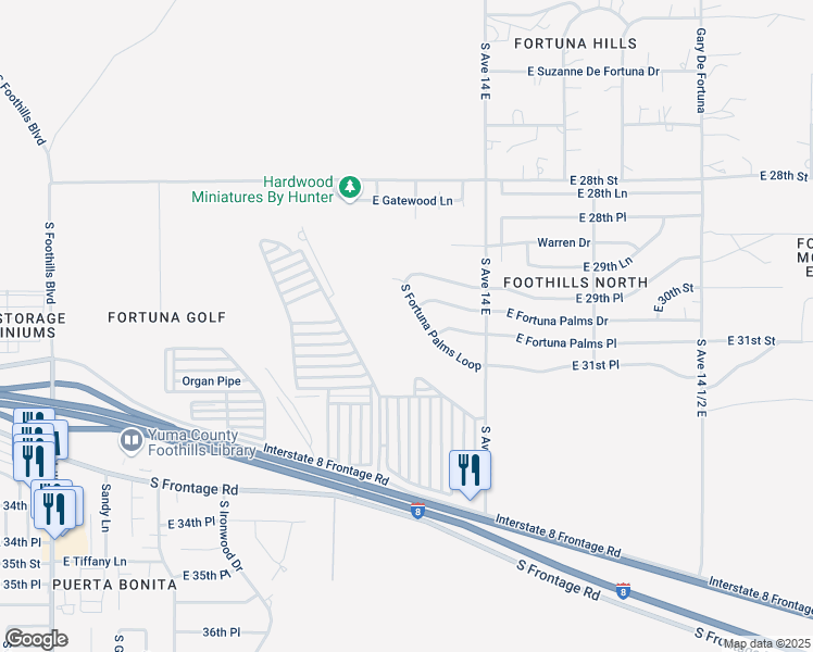 map of restaurants, bars, coffee shops, grocery stores, and more near 10680-10756 South Fortuna Palms Loop in Yuma