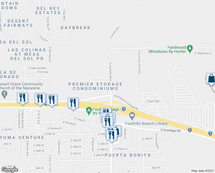 map of restaurants, bars, coffee shops, grocery stores, and more near 10710 South Foothills Boulevard in Yuma