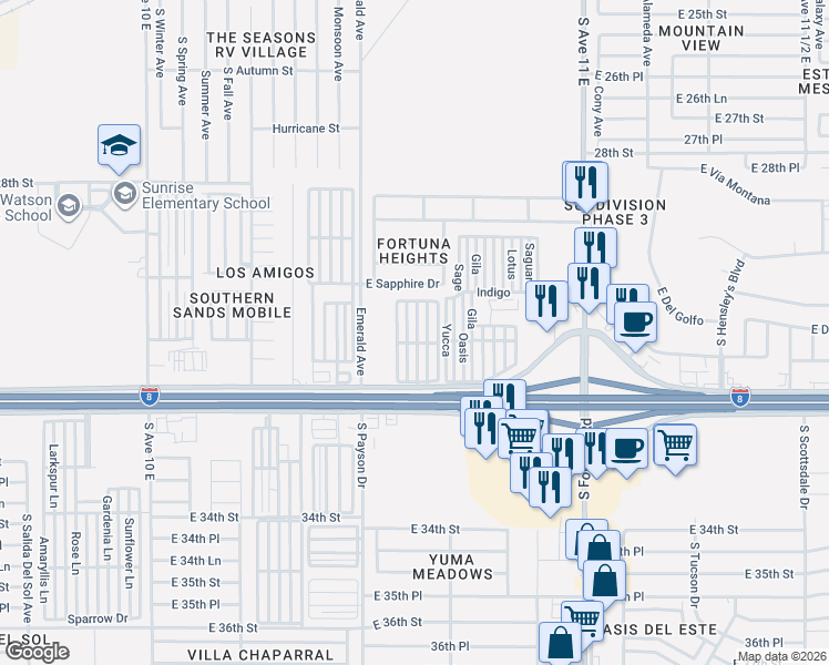 map of restaurants, bars, coffee shops, grocery stores, and more near 10498 North Frontage Road in Yuma