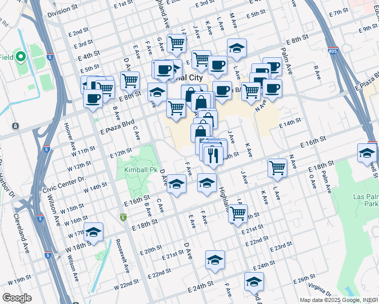map of restaurants, bars, coffee shops, grocery stores, and more near Kimball Way in National City