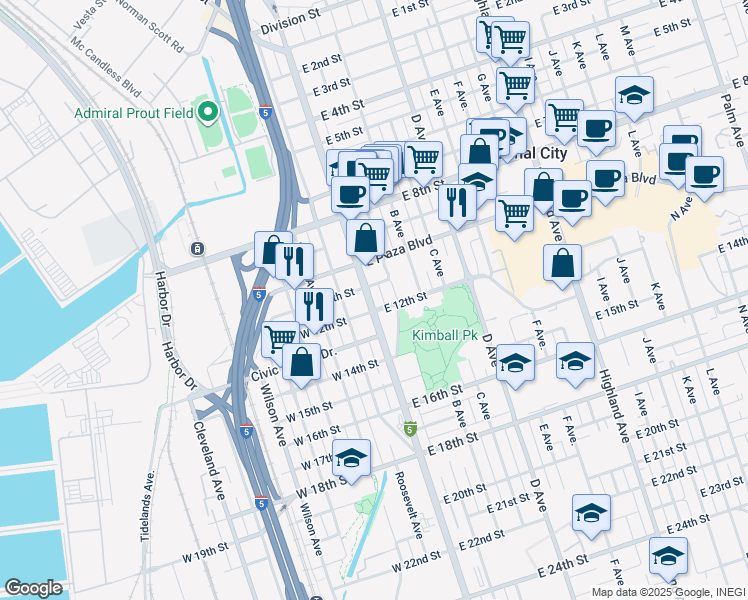 map of restaurants, bars, coffee shops, grocery stores, and more near 1125 National City Boulevard in National City