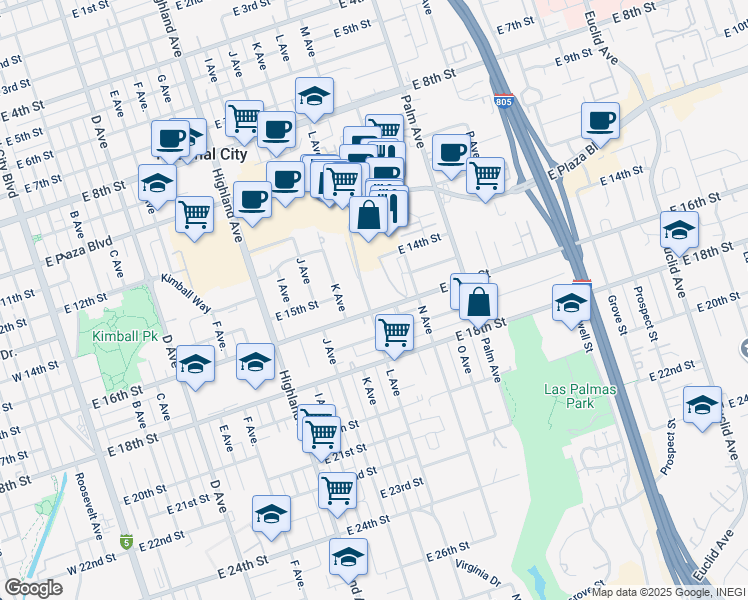 map of restaurants, bars, coffee shops, grocery stores, and more near 1527 L Avenue in National City
