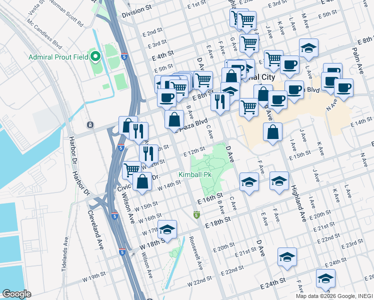 map of restaurants, bars, coffee shops, grocery stores, and more near 41 East 12th Street in National City
