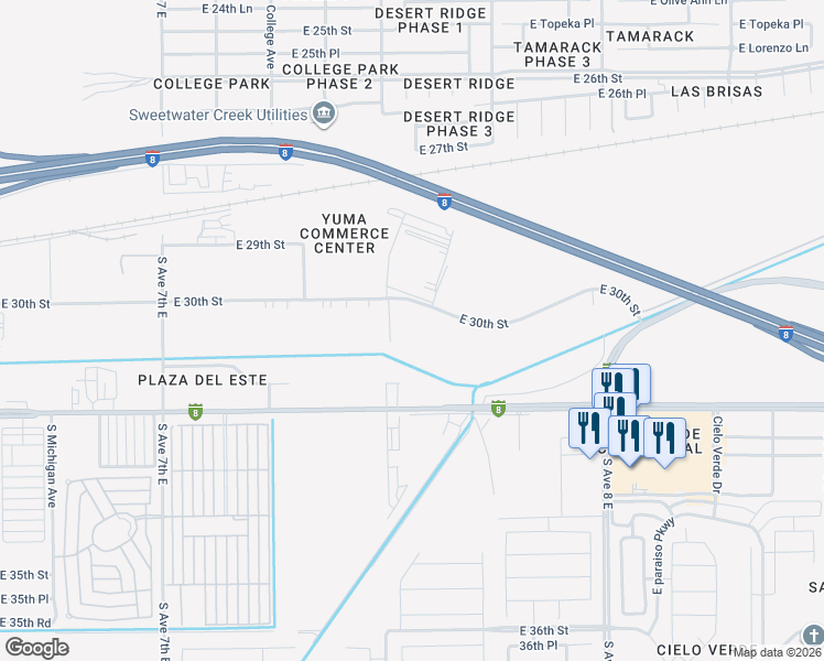 map of restaurants, bars, coffee shops, grocery stores, and more near 7595 East 30th Street in Yuma