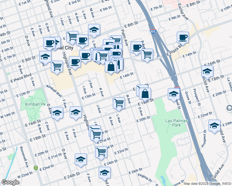 map of restaurants, bars, coffee shops, grocery stores, and more near 1527 L Avenue in National City