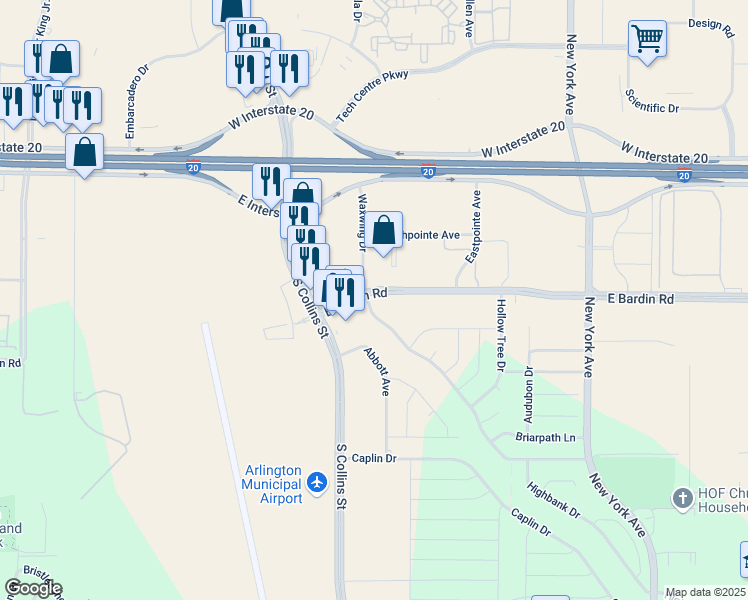 map of restaurants, bars, coffee shops, grocery stores, and more near 4701 Waxwing Drive in Arlington