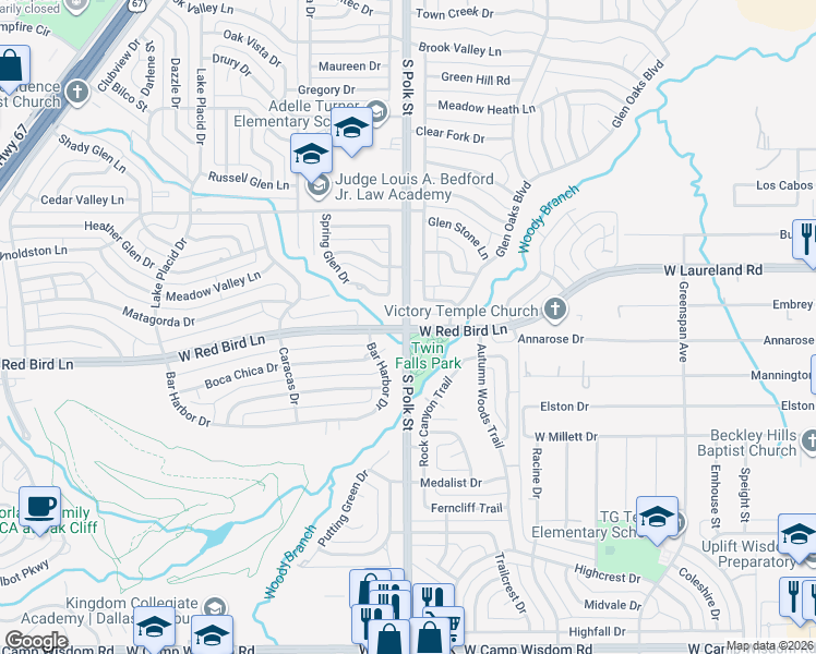 map of restaurants, bars, coffee shops, grocery stores, and more near S Polk St & W Red Bird Ln in Dallas