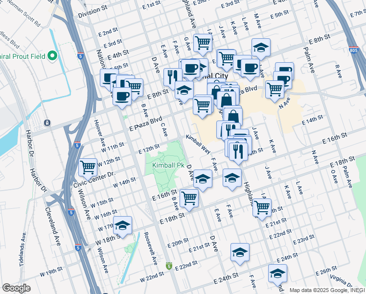 map of restaurants, bars, coffee shops, grocery stores, and more near 1221 D Avenue in National City