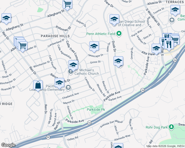 map of restaurants, bars, coffee shops, grocery stores, and more near 6315 Rhoades Court in San Diego