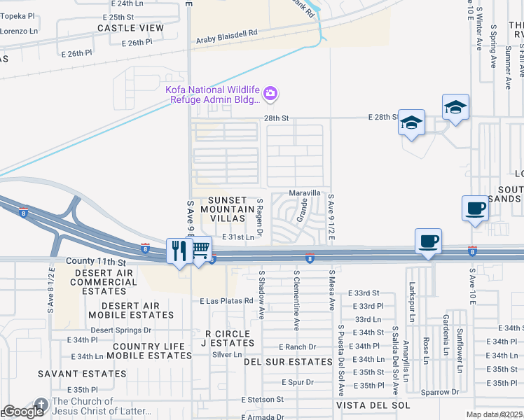 map of restaurants, bars, coffee shops, grocery stores, and more near 3067 South Ragen Drive in Yuma