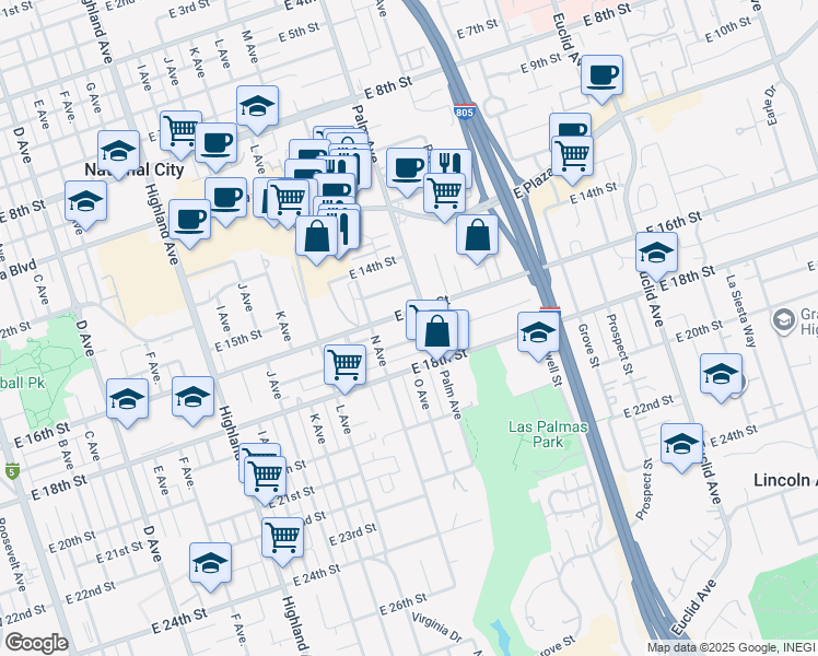map of restaurants, bars, coffee shops, grocery stores, and more near 1505 East 17th Street in National City