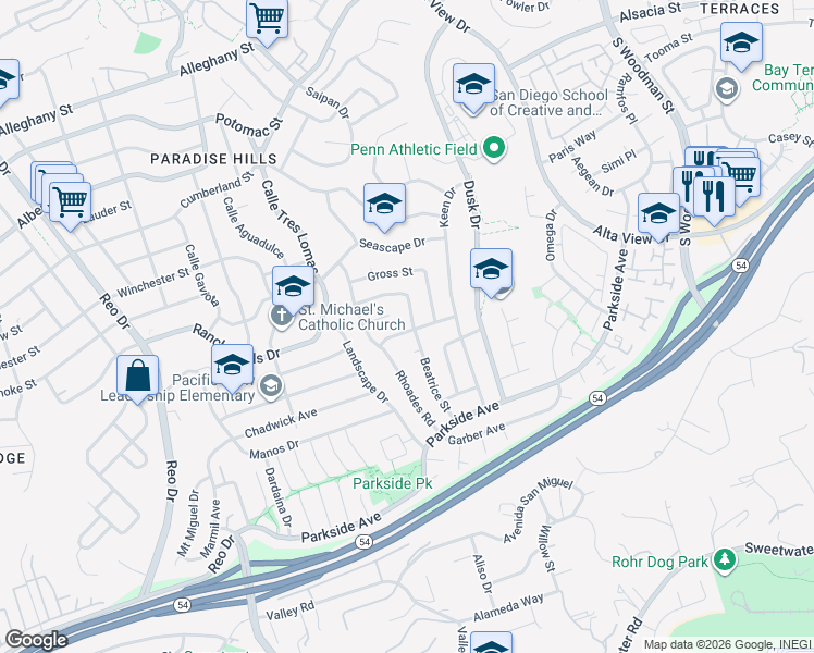 map of restaurants, bars, coffee shops, grocery stores, and more near 2762 Beatrice Street in San Diego