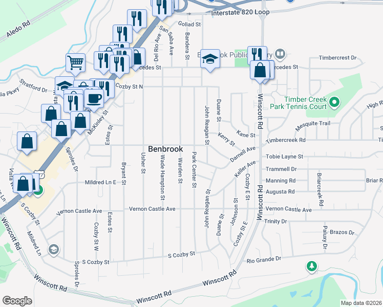 map of restaurants, bars, coffee shops, grocery stores, and more near 1104 Park Center Street in Benbrook