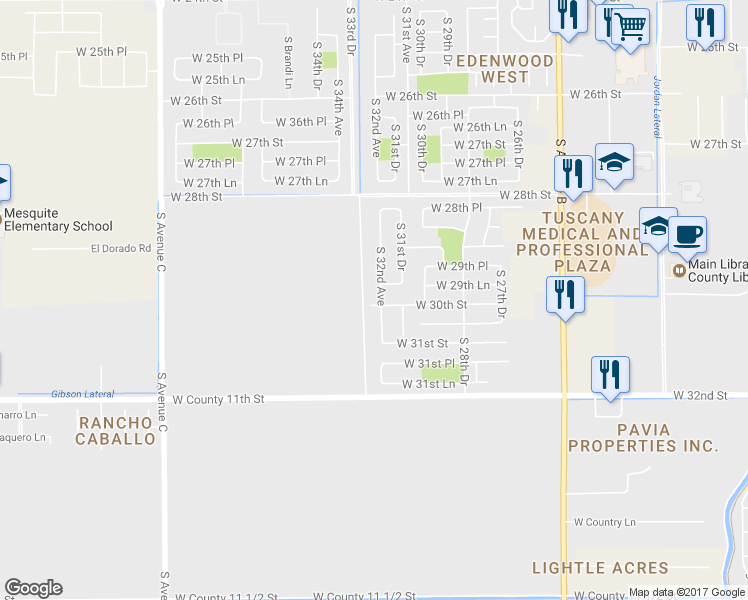 map of restaurants, bars, coffee shops, grocery stores, and more near 2998 South 32nd Avenue in Yuma