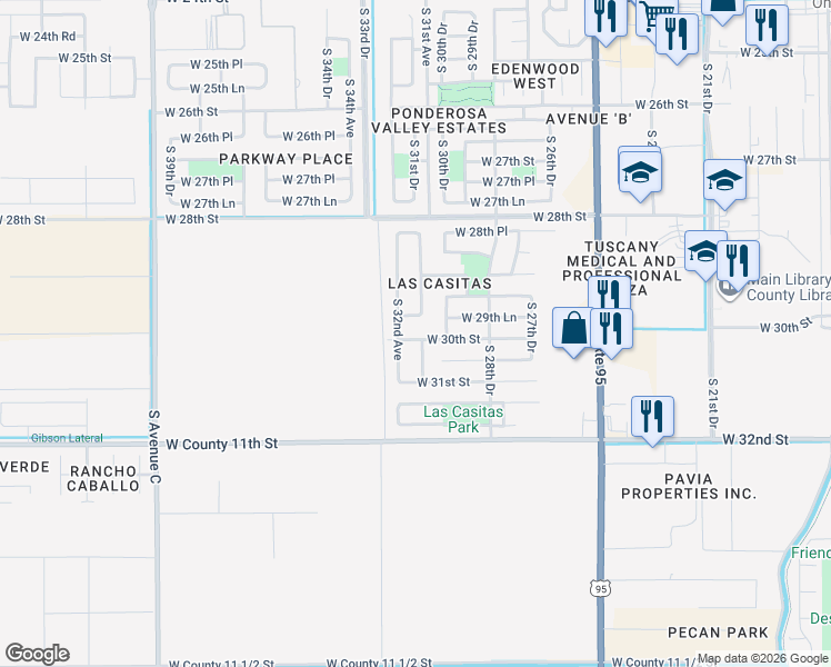 map of restaurants, bars, coffee shops, grocery stores, and more near 3112 West 30th Street in Yuma