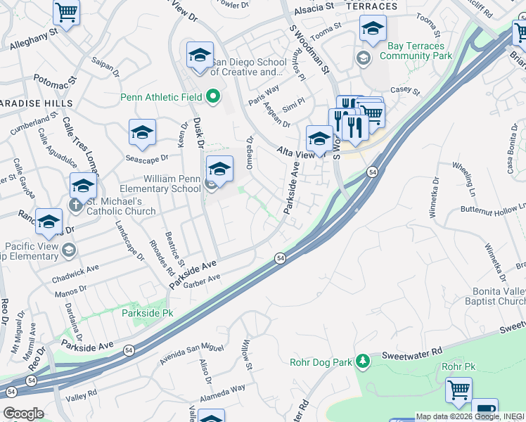 map of restaurants, bars, coffee shops, grocery stores, and more near 6760 Garber Avenue in San Diego