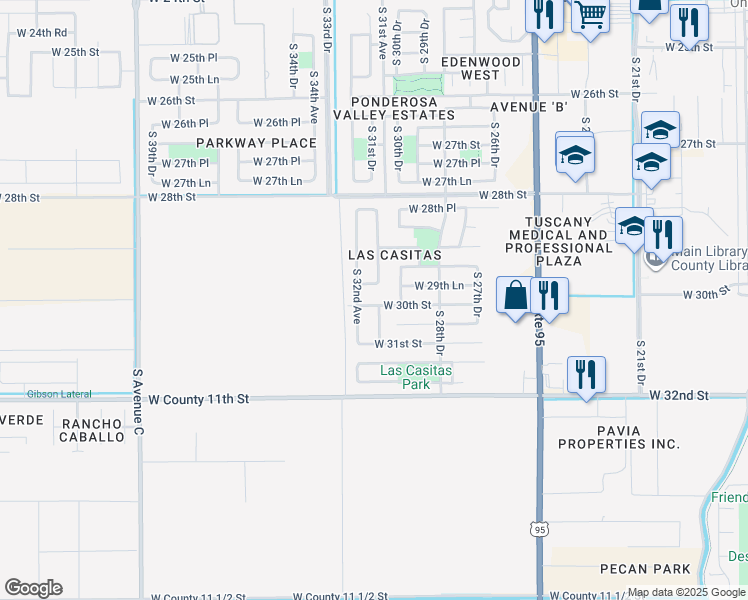 map of restaurants, bars, coffee shops, grocery stores, and more near 3112 West 30th Street in Yuma
