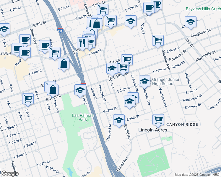 map of restaurants, bars, coffee shops, grocery stores, and more near 1842 Orange Street in National City