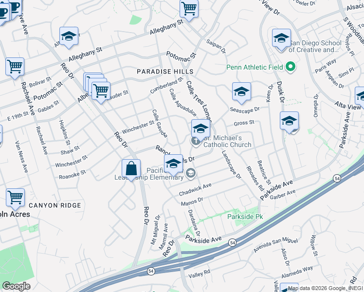map of restaurants, bars, coffee shops, grocery stores, and more near 6157 Seascape Drive in San Diego