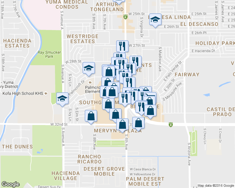 map of restaurants, bars, coffee shops, grocery stores, and more near 501 West Catalina Drive in Yuma