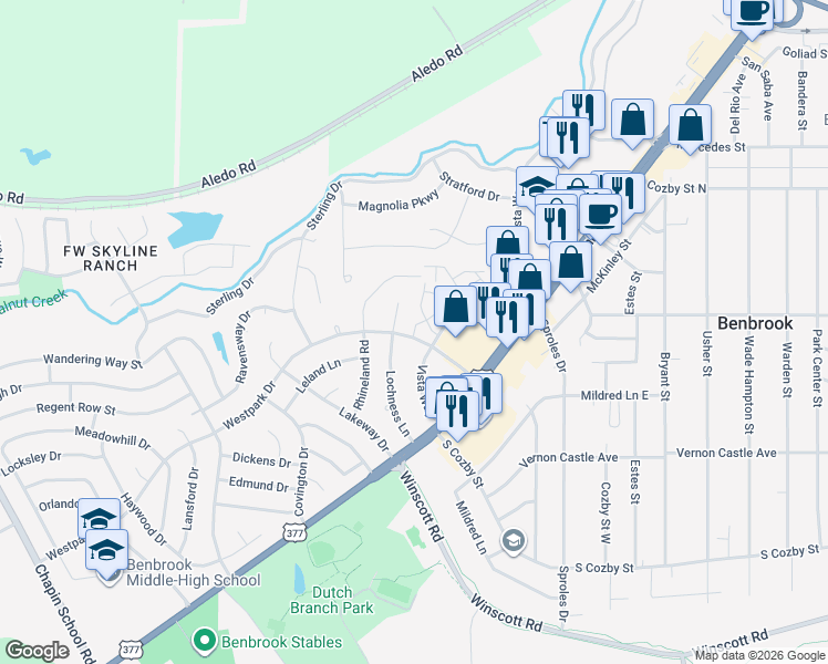 map of restaurants, bars, coffee shops, grocery stores, and more near 9510 Westpark Drive in Benbrook