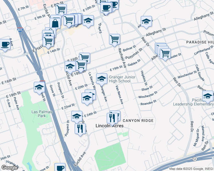 map of restaurants, bars, coffee shops, grocery stores, and more near 2101 Granger Avenue in National City