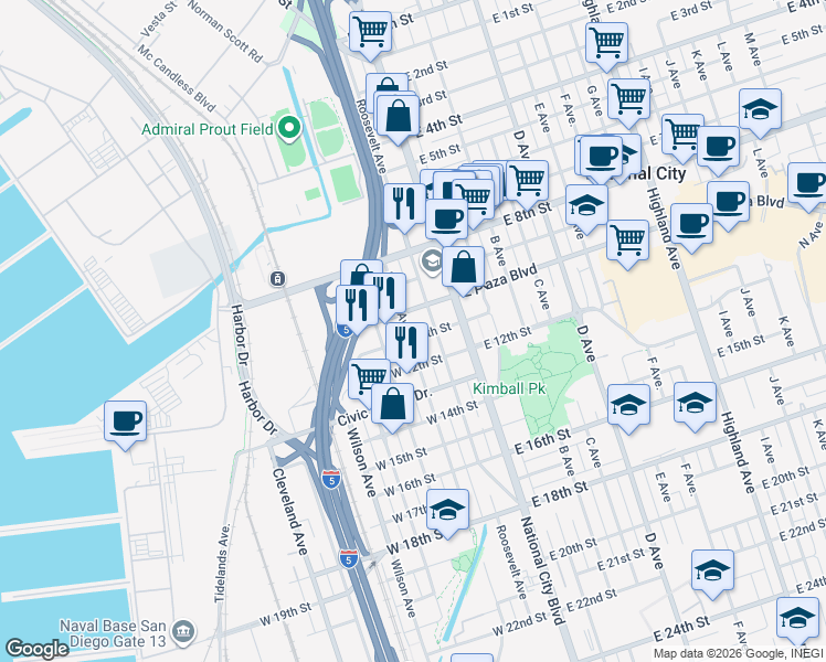 map of restaurants, bars, coffee shops, grocery stores, and more near 141 West 11th Street in National City