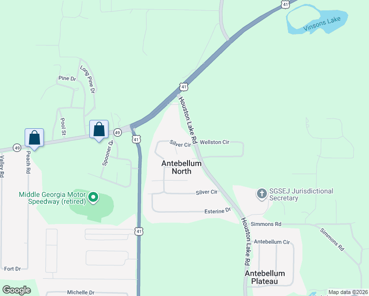 map of restaurants, bars, coffee shops, grocery stores, and more near 105 Silver Circle in Warner Robins