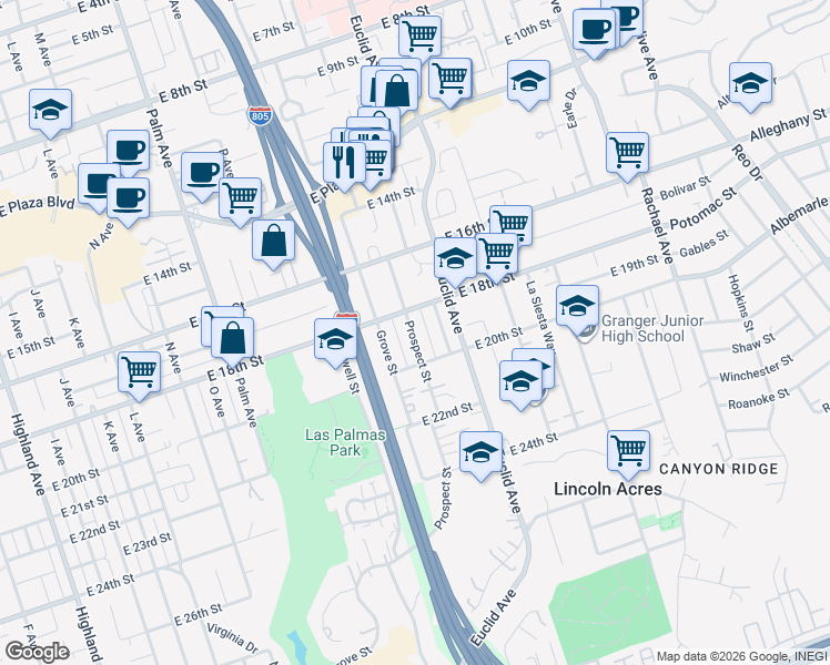 map of restaurants, bars, coffee shops, grocery stores, and more near 1833 Prospect Street in National City