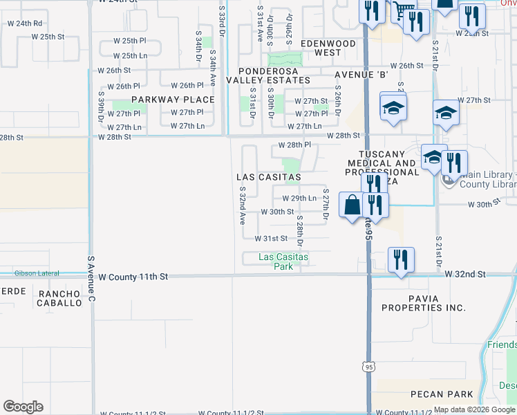 map of restaurants, bars, coffee shops, grocery stores, and more near 3112 West 30th Street in Yuma