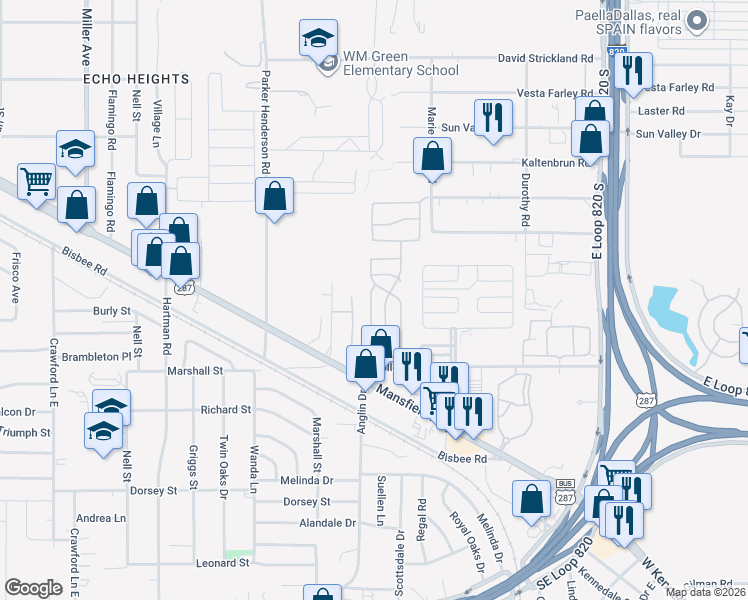 map of restaurants, bars, coffee shops, grocery stores, and more near 5807 Walnut Ridge Road in Fort Worth
