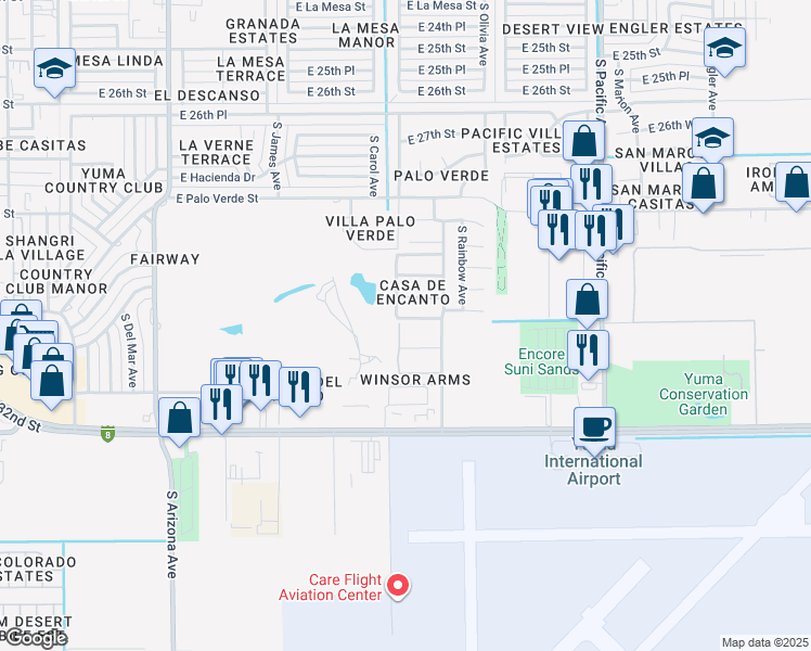 map of restaurants, bars, coffee shops, grocery stores, and more near 1440 East Laguna Place in Yuma