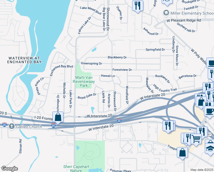 map of restaurants, bars, coffee shops, grocery stores, and more near 7006 Escondido Drive in Arlington