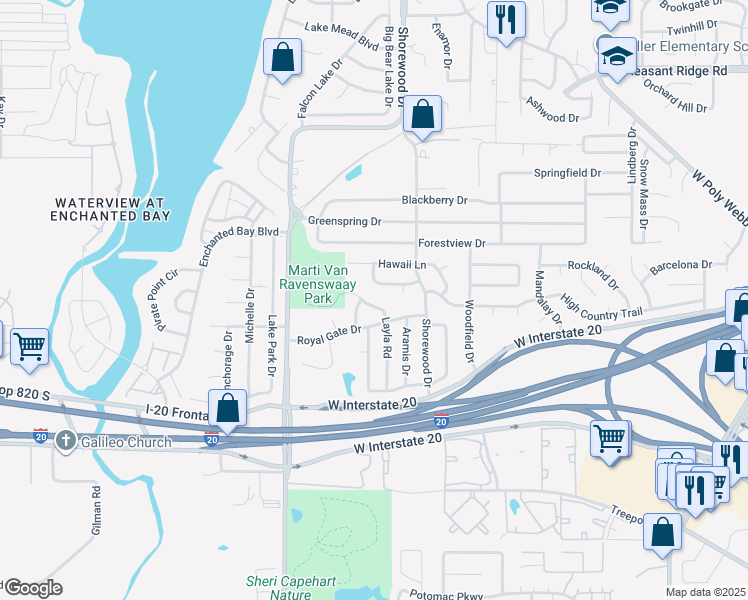 map of restaurants, bars, coffee shops, grocery stores, and more near 7111 Layla Road in Arlington