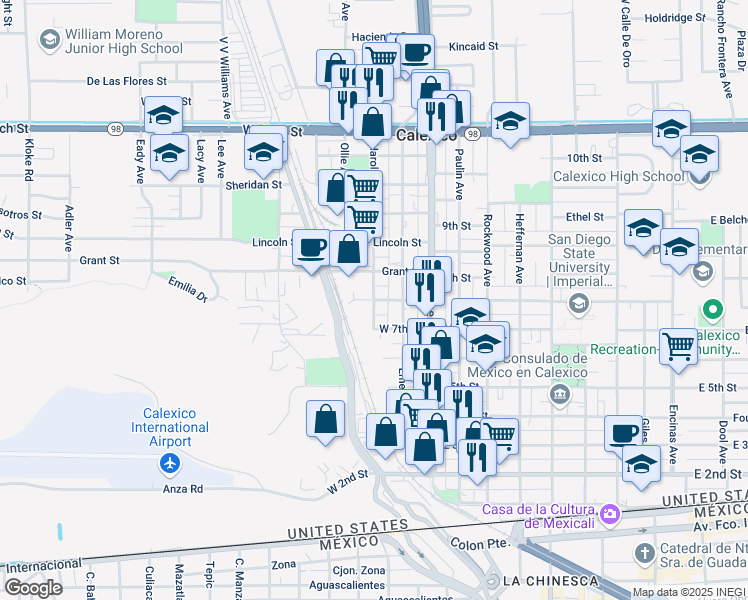 map of restaurants, bars, coffee shops, grocery stores, and more near 201 West Sherman Street in Calexico