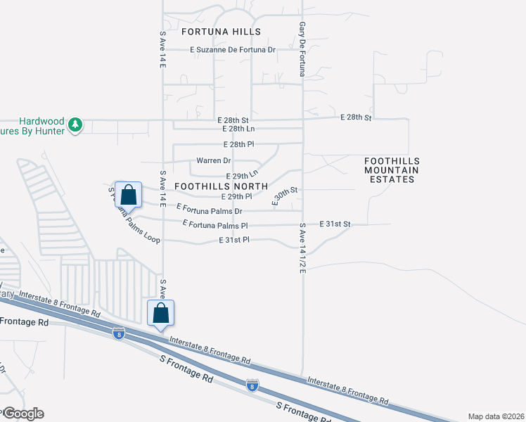 map of restaurants, bars, coffee shops, grocery stores, and more near 14368 East Fortuna Palms Drive in Yuma