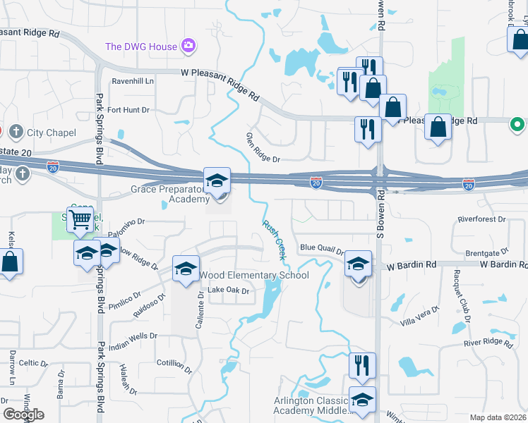 map of restaurants, bars, coffee shops, grocery stores, and more near 4406 Quail Creek Drive in Arlington