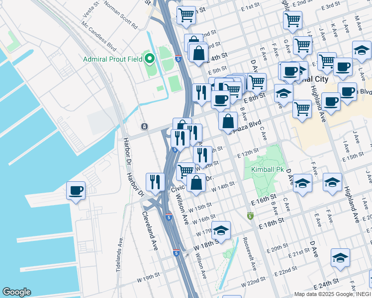 map of restaurants, bars, coffee shops, grocery stores, and more near 1006 Coolidge Avenue in National City