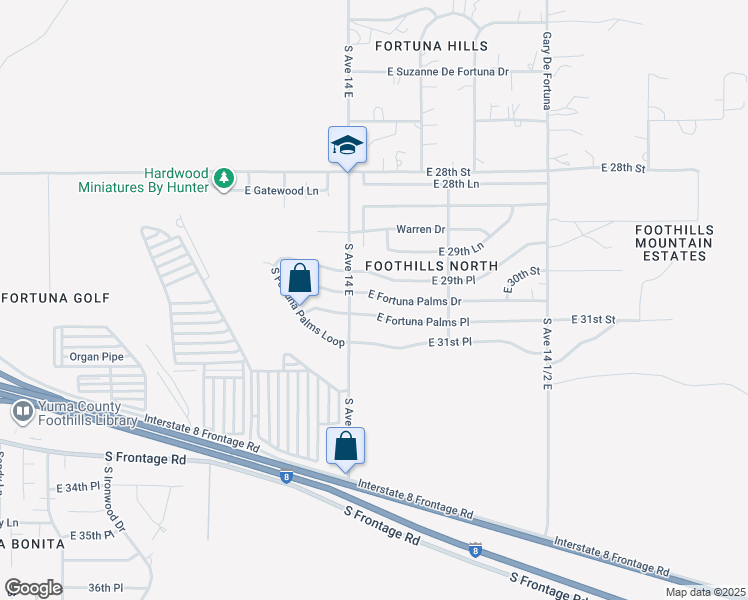 map of restaurants, bars, coffee shops, grocery stores, and more near 14153 East Fortuna Palms Drive in Yuma