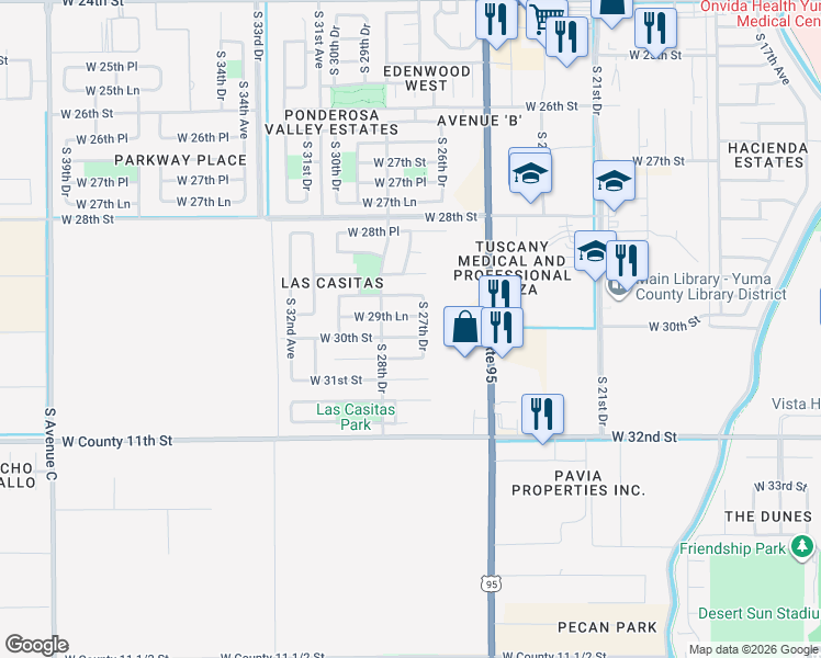 map of restaurants, bars, coffee shops, grocery stores, and more near 2824 West 30th Street in Yuma