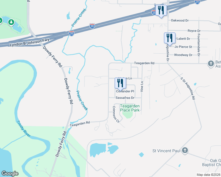 map of restaurants, bars, coffee shops, grocery stores, and more near 9324 Teagarden Road in Dallas