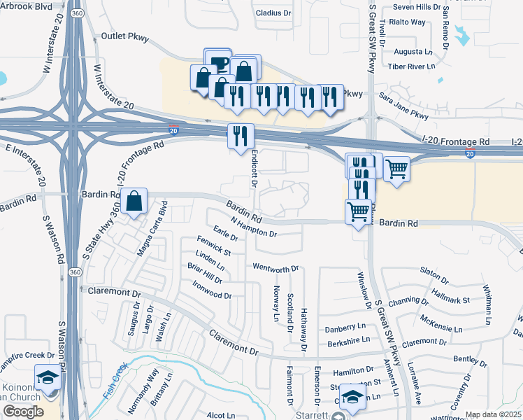 map of restaurants, bars, coffee shops, grocery stores, and more near 2700 Endicott Drive in Grand Prairie