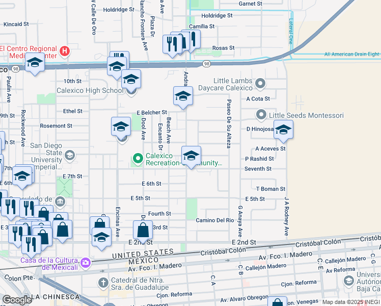 map of restaurants, bars, coffee shops, grocery stores, and more near 720 Andrade Avenue in Calexico