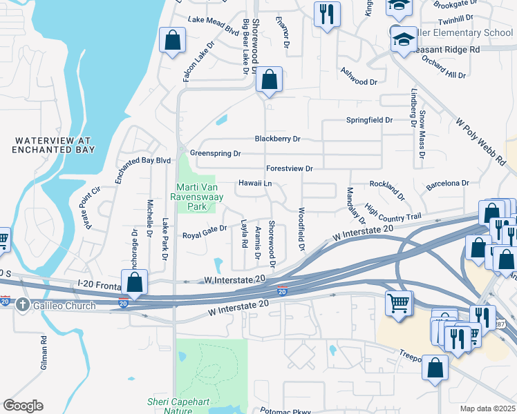 map of restaurants, bars, coffee shops, grocery stores, and more near 7006 Escondido Drive in Arlington