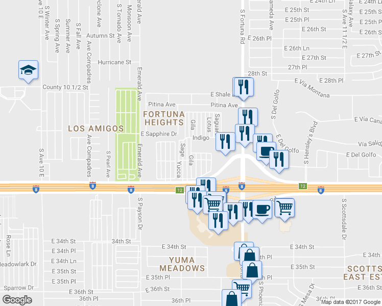 map of restaurants, bars, coffee shops, grocery stores, and more near Gila in Yuma