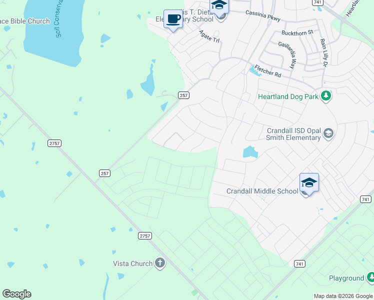 map of restaurants, bars, coffee shops, grocery stores, and more near 3803 Orleans Way in Crandall