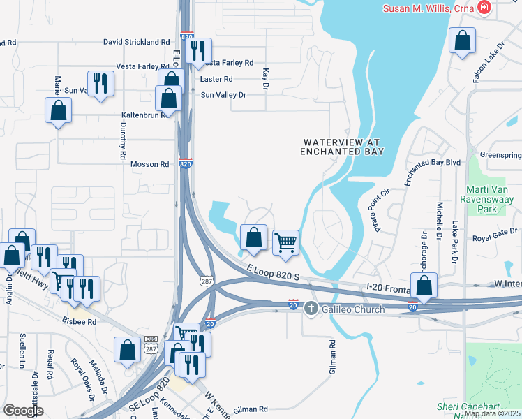 map of restaurants, bars, coffee shops, grocery stores, and more near 5709 Ensign Drive West in Fort Worth