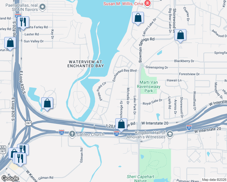 map of restaurants, bars, coffee shops, grocery stores, and more near 4605 Enchanted Bay Boulevard in Arlington