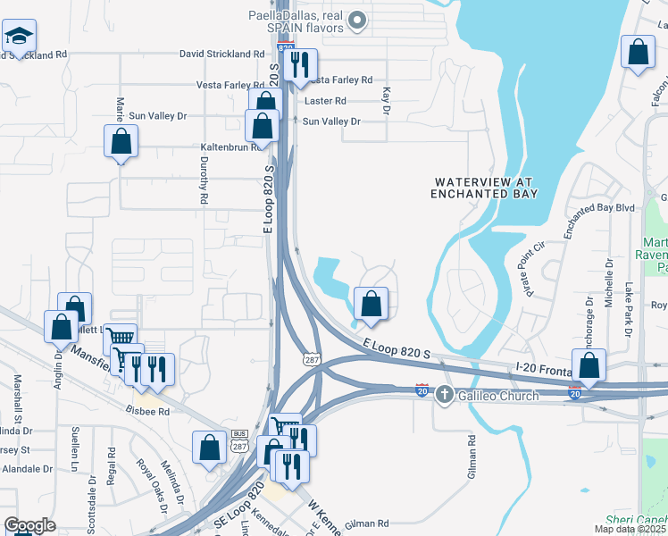 map of restaurants, bars, coffee shops, grocery stores, and more near 5720 Ensign Drive West in Fort Worth